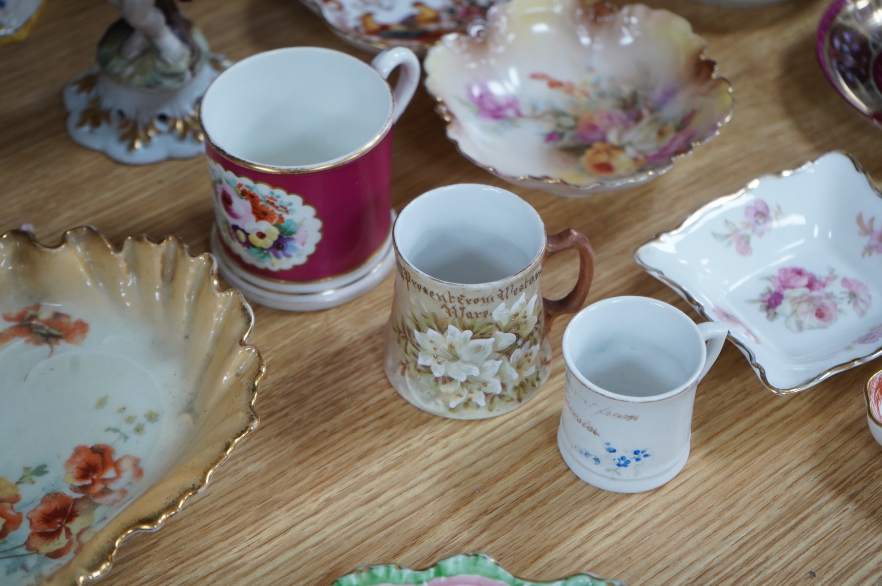A bisque figure group of the Three Graces - 27cm high, a smaller smaller bisque figure, a pair of Vienna style coffee cans and saucers and a collection of mixed floral china. (22)